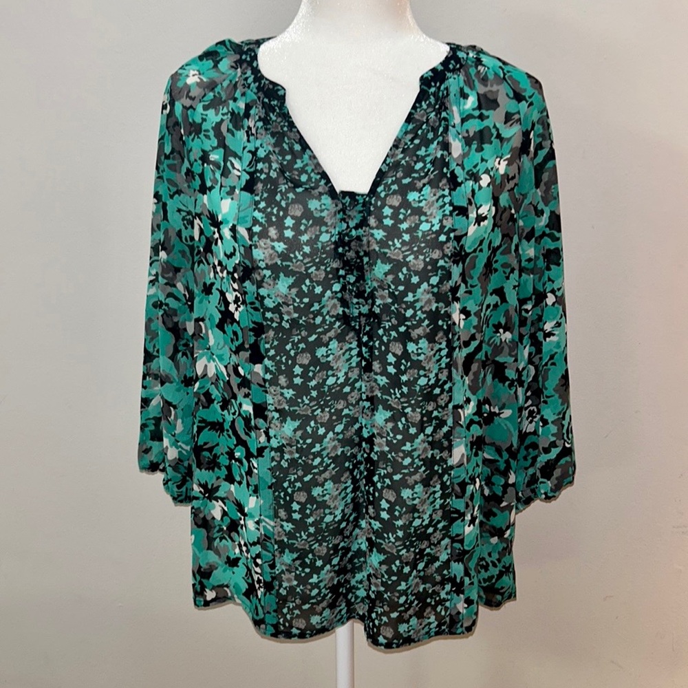 INC Floral Blouse | Size 4 | Turquoise & Black | 3/4 Sleeve | Excellent Cond
